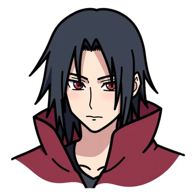 Itachi Uchiha with long black hair, Sharingan eyes, facial lines under his eyes, wearing Akatsuki cloak sticker