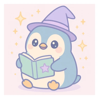 a chubby penguin with a wizard hat, magical sparkles around, and a book of spells sticker