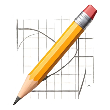 A pencil is placed over a sheet of paper grid, representing the sketching phase of a logo sticker