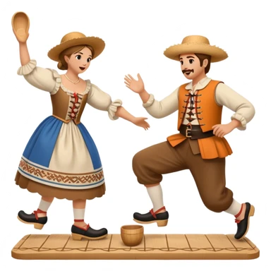 Cinematic Realistic scene of two performers executing the Klompendans, dressed in traditional Dutch costumes complete with wooden clogs and detailed folk patterns, captured in lively motion with soft, natural lighting sticker