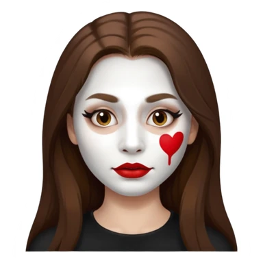 person with long brown hair, white face paint, red lipstick and a mole on right cheek sticker