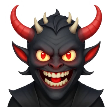 “Scary demon emoji, evil human-like laugh, black clothes, big curved horns, glowing red eyes, upper body visible till chest, dark mood, high detail, emoji style, clean background” sticker