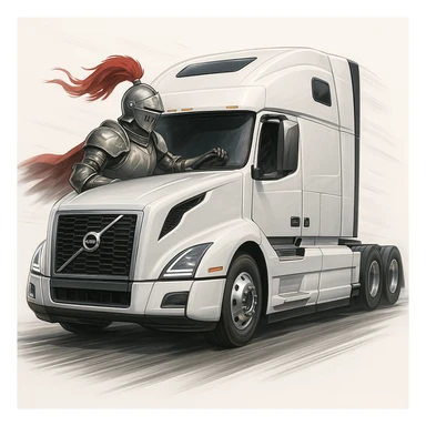 a knight driving a white 2022 Volvo semi sleeper truck, dynamic, modern, clean background sticker