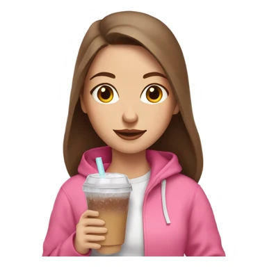 white girl with brown hair in a pink hoodie with iced coffee sticker