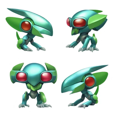 a shiny metallic Genesect-Flygon-Raptor-Fakémon-Medabot-hybrid with a futuristic visor-helmet full body sticker