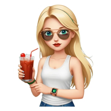 girl with long blond pigtailed hair
with blue eyes
and aviator sunglasses
wearing white tank top 
holding bloody mary
wearing (rose gold apple watch with forest green band) sticker