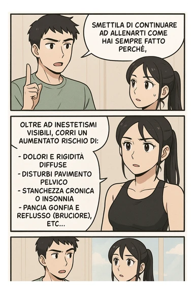 TRASFORMA QUESTO CAROSELLO IN UN FUMETTO STILE MANGA A COLORI CON QUESTE DUE PERSONE IDENTICHE CHE INTERLOQUISCONO TRA LORO:

LUI (UOMO): Smettila di continuare ad allenarti come hai sempre fatto perché, oltre ad inestetismi visibili, corri un aumentato rischio di:
    • dolori e rigidità diffuse
    • disturbi pavimento pelvico
    • stanchezza cronica o insonnia
    • pancia gonfia e reflusso (bruciore)
    • etc… sticker