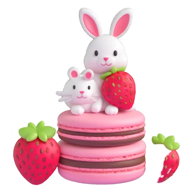 A 3D macaron with a strawberry on top and a bunny peeking out, vibrant colors sticker