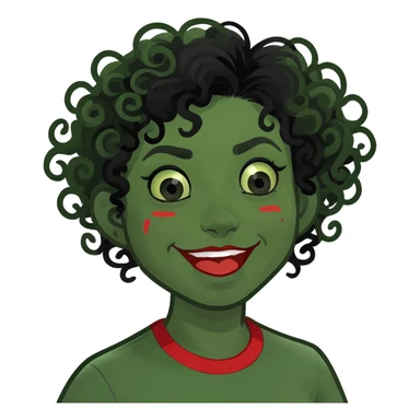 zombie girl with curly black hair and red streaks, memoji style, fun expression sticker