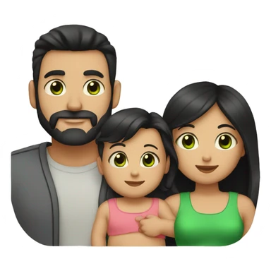 dad with black beard, white skin mom with long straight black hair and green eyes, and small baby with black hair sticker
