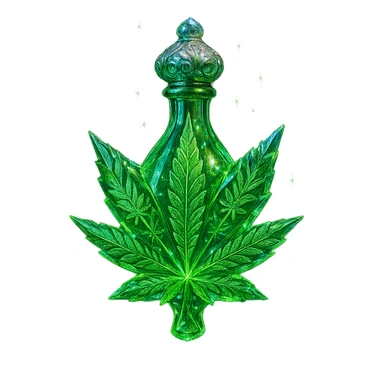 luxurious crystal elixir bottle in the shape of a cannabis leaf or with cannabis motifs, vibrant green color, ornate silver and iridescent details, very small neck, seamless bottom, magical glowing and sparkling effects, bottle clearly floating in air, no base or shadow, modern, collection style, transparent background sticker