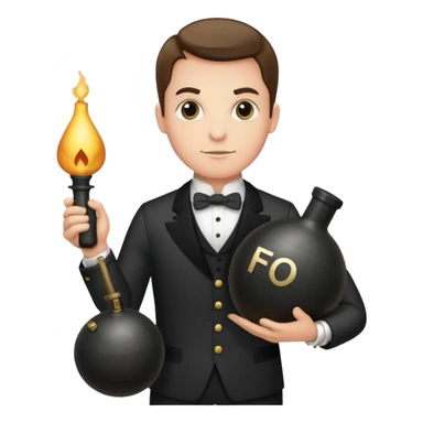 A butler holding an old-fashion bomb with the letters “FO” on the side sticker
