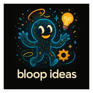 Add subtle tech details such as circuit patterns, digital dots, or glowing lines to the abstract mascot character. Maintain the playful, energetic, and imaginative vibe suitable for a black website background. Retain the bright, lively color palette and include the tagline 'bloop ideas'. sticker