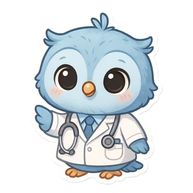blue baby owl animated, wearing doctor uniform, adorable and cute style sticker