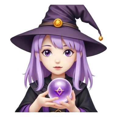 anime girl with lilac hair in a witch hat holding a fortune ball sticker