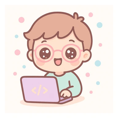 programmer, kawaii cartoon style, cute, big eyes, cheerful expression, coding on laptop sticker
