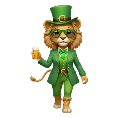 friendly anthropomorphised female lion dressed for St. Patrick's Day in green outfit with festive accessories, dark sunglasses, walking upright with confident stride sticker