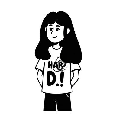 A person with long black hair, wearing a heavy metal band shirt, with a cool smirk on their face sticker