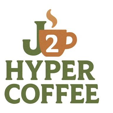modern logo for j2_hyper_coffee with unique typography and coffee symbol, suitable for coffee shop brand sticker