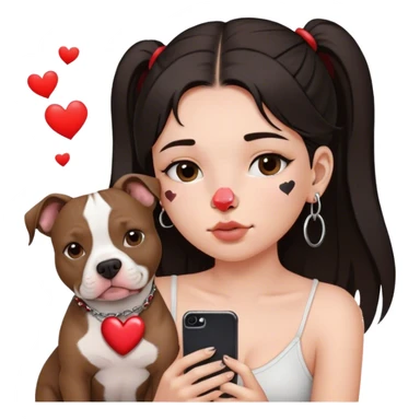 Young girl, with long dark hair,chop you around her face holds her phone sitting by her pitbull. She has a small septum ring in her nose and heart fly all around her. sticker