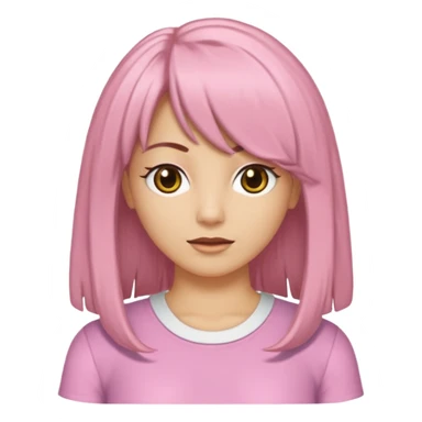 Uma garota de cabelos castanhos escovados médios, side bangs jogada para a direita, uma blusa branca estilo anos 2000 com detalhes em renda óculos com armação douradas e lábios rosados sticker