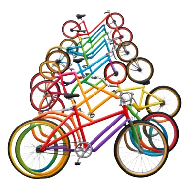 Shape that is built of several different bicycles of different colors and types. Bicycles are connected into weird looking shape. sticker