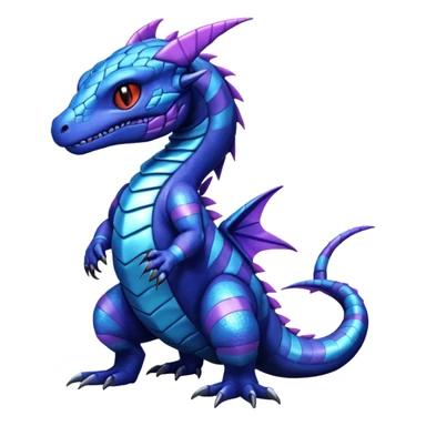 Cute Shiny striped iridescent cyan indigo blue violet Guilmon-Salandit-Fakémon-hybrid-creature (full body)  sticker