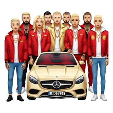 Icon for Chanson: Russian chanson singers with tattoos, red jackets, and gold chains, standing in front of a Mercedes. The design should capture the bold and stylish essence of the genre with a vibrant, urban background. Transparent background. sticker