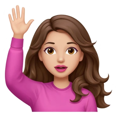 girl with long wavy brown hair, brown eyes, light to medium complexion, in a pink shirt, pink lips, long lashes, puckered lips, both hands in the air cheering sticker