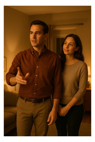 a woman stands slightly behind a man in a domestic setting, looking at him con fiducia e attesa. Il man is upright, with a confident and decisive posture, gently gesturing as if giving direction. The woman’s body language is relaxed and receptive, showing that she trusts and follows his lead. The background is warm and softly lit, emphasizing the couple’s dynamic. sticker