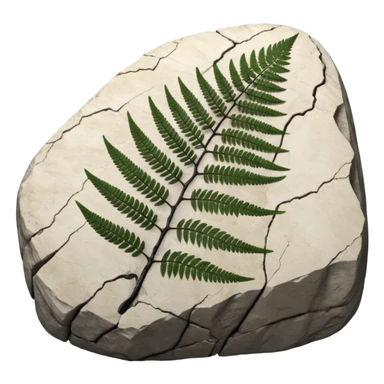 3D render of Fern Imprint, embedded in a chunk of rough sedimentary rock, cracked stone texture, ancient fossil aesthetic, black carbon imprint on a white limestone rock, matte dry finish, Apple emoji style, isolated on white background --v 6.0 sticker