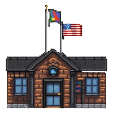 school building with classroom windows, entrance door, and flag pole sticker