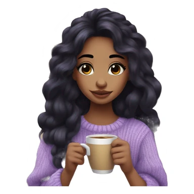 Cute girl with long black hair, long black lashes with heavy conture in lavander cozy sweather with coffe in hands sticker