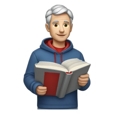 professor with very short grey hair and no beard at all that is wearing a red hoodie an is holding a white book with blue and red stripes on the top of the cover in his hand sticker