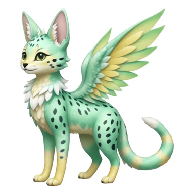 Epic complex detailed pastel minty green, pastel beige yellow pastel realistic aesthetic-scenic-Fakémon-Sprigatito-Floragato-Trico-Sergal-Serval-Vernid-creature (full body) with far wings, shiny sparkly fairycore theme  sticker