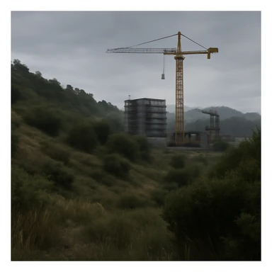  a scene amongst hills and bushes in the game DAYZ with a construction site and tall yellow crane in the background, screenshot, overcast day, videogame graphics, enfusion engine, arma 2 sticker