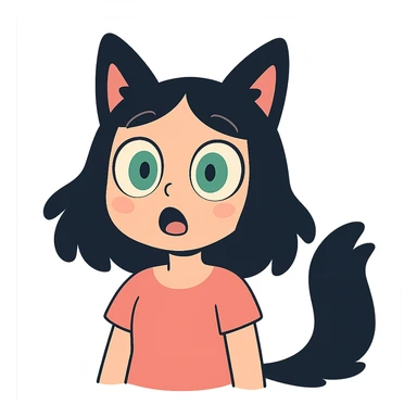 a surprised girl with huge green eyes, black fox ears, and a tail, dark hair sticker
