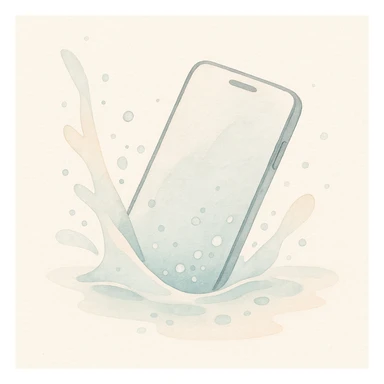 soft watercolor illustration in a minimalist modern style of a phone submerged in water with a lot of splash and bubbles, pastel colors, delicate linework, gentle whimsical mood, minimal soft shading sticker