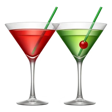 two realistic glasses of cocktail in emoji style, one is red color and one is green, martini glass shape, no straw, no fruit, no ice, no Cocktail sticks sticker