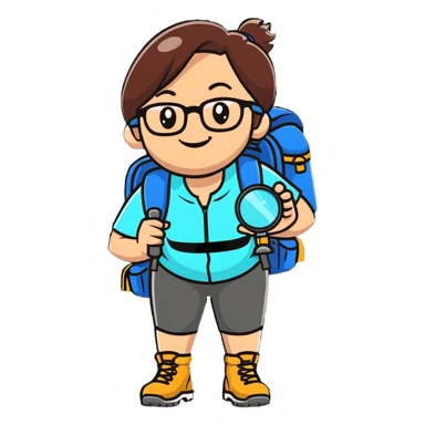 Very cheerful excited woman in her 40s with glasses wearing sporty outfit, hiking boots, and backpack, holding a magnifying glass with big smile sticker