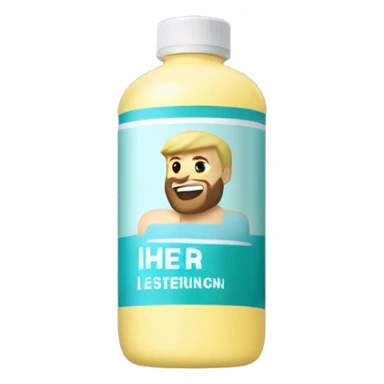 Buff man with blonde short hair and a medium length blonde beard riding on top of a giant bottle of listerine sticker