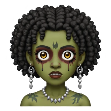 Zumbi with black and curly hair, studded earrings on both ears, black eye sticker