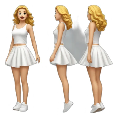 Hyperrealistic Full body Caucasian curvy beauty jumping short white skirt back and front views strong wind sticker