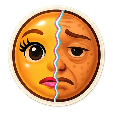 Make both sides of the split portrait look more like emoji faces and less realistic. The left side should be an idealized, airbrushed influencer emoji face with big eyes and glossy lips. The right side should be a tired, natural emoji face with visible imperfections and a sad expression. Keep the digital glitch crack dividing the two halves. sticker