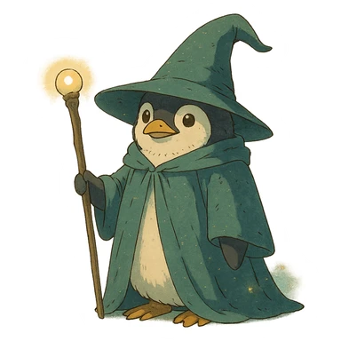 magical atmosphere penguin wizard holding a staff, wearing a wizard hat, ghibli style sticker