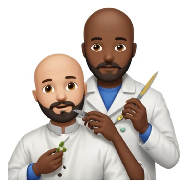 A bald man with a dark brown beard cutting someone’s hair at a barber shop and the other one is eating a poop sticker