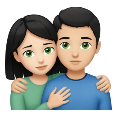 Make a couple hugging the girl is white with black hair with blue eyes hugging a boy with lightbrwn short hair with green eyes  sticker