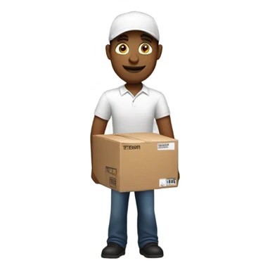 White male delivery driver carrying an Amazon box sticker