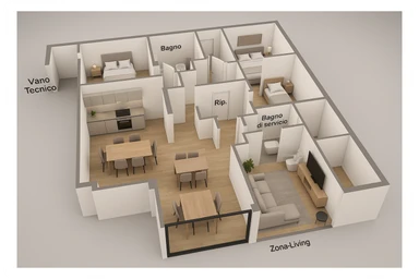 Create a hyperrealistic 3D floor plan based on the provided updated plan image. Include at least 6 different perspective views. The style should be elegant and contemporary with carefully curated furnishings: modern kitchen, dining table, living area with sofa and TV, service bathroom, and a 2.55 meter glass window in the marked position. No external background, only the 3D floor plan itself. sticker