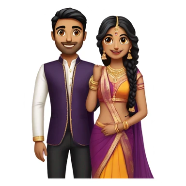 south indian girl fair with hair wearing dark purple lengha marrying south indian guy with straight hair and wearing silver black pants in  sticker
